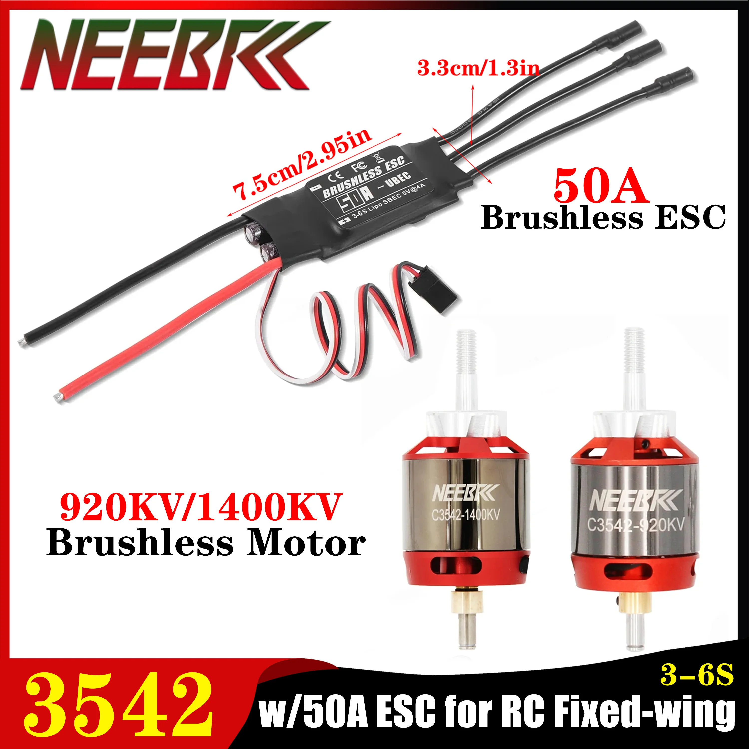 

NEEBRC 3542 920KV 1400KV Outrunner Brushless Motor w/3-6S 50A ESC Combo for RC Fixed-wing FPV Drone Glide Aircraft Plane Parts
