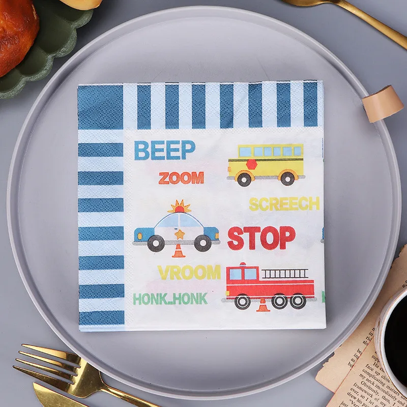 20Pcs/Pack 33x33cm Disposable Bus Car Printed Table Dinner Tissue Restaurant Children Birthday Party Napkin Paper Decoration