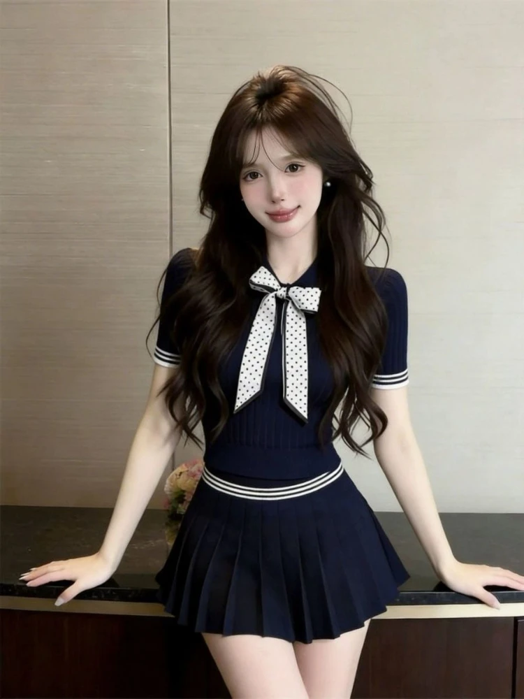 Preppy Sweet Vintage 2 Piece Set Women Polka Dot Bow Tie Short Sleeve Polo Neck Knit Top Contrast Stripe Trim High Waist Pleated