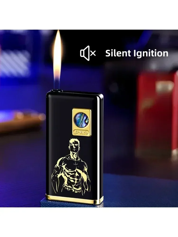 Briquet à gaz à feu ouvert, coque créative de couleur vraie, bouton silencieux, batterie remplaçable, briquets électriques portables légers pour fumer