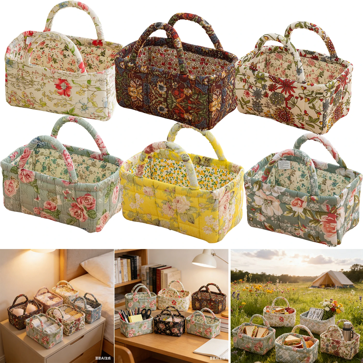 

Vintage Floral Storage Basket with Sturdy Carry Handle-Foldable Multifunctional Organizer,Bathroom and Cosmetics Storage Box