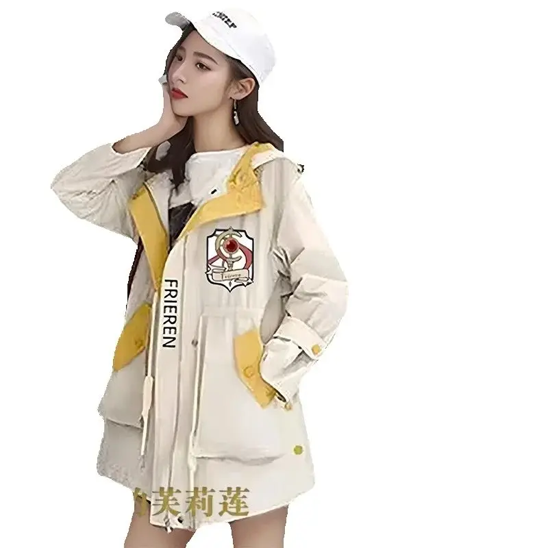 Sousou No Frieren Cosplay Color Matching Jacket Female Spring Autumn Hooded Windbreaker Student Loose Trench Coat Off White