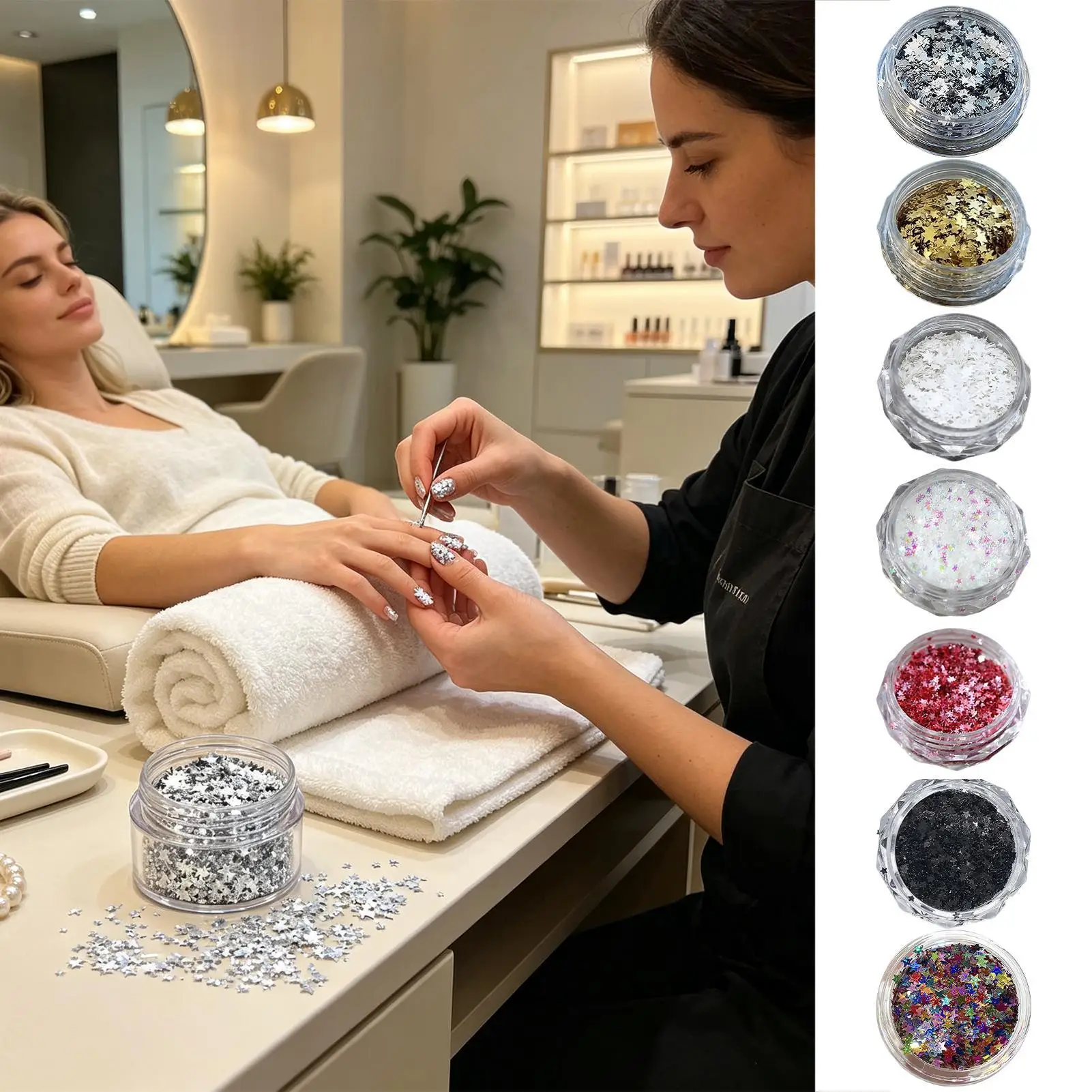 Nail Sequins Dazzling Sparkly Wearable Mixed Sequins Decoration Nail Charms Stars for Crafts Makeup Beauty Salon Spa Home Party