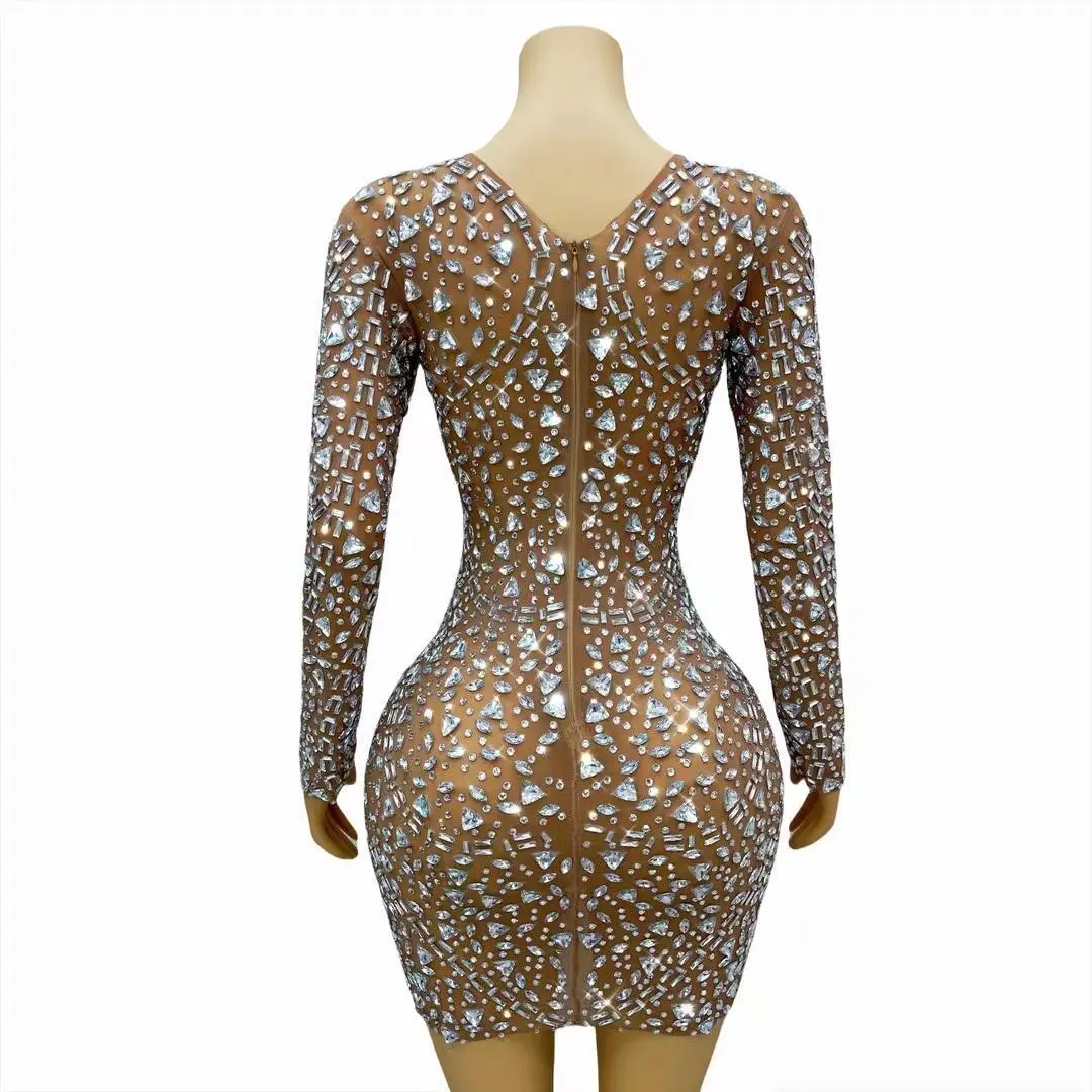 Sexy transparente Diamanten kurzes Kleid Geburtstag Abschluss feiern Kleid Tanz lange Ärmel Outfit Sänger Kostüm Sanji aosuo