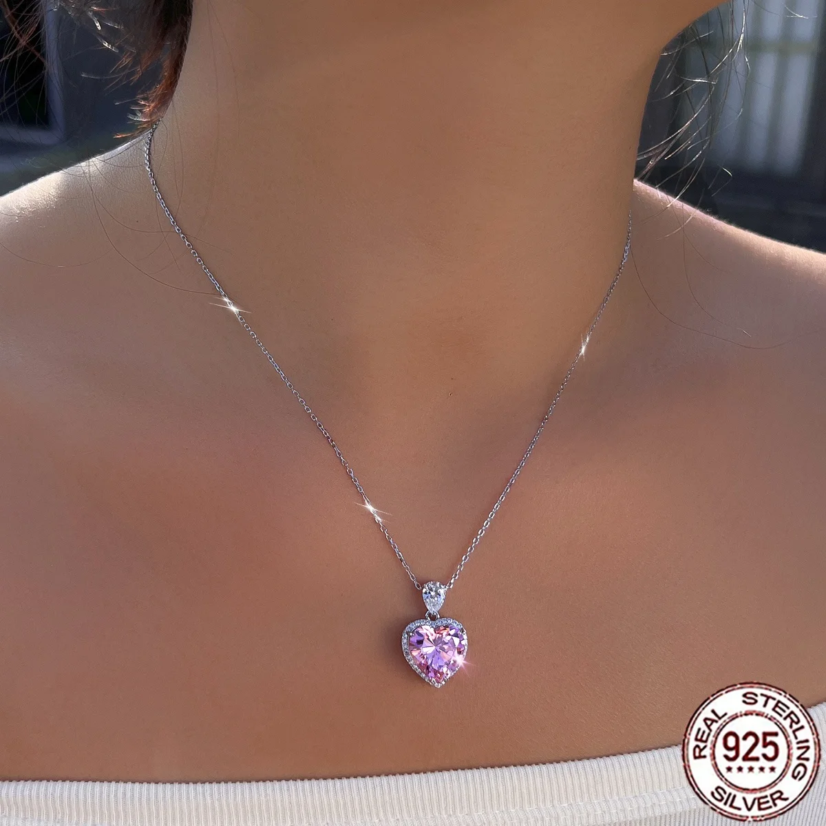 QooLady 925 Sterling Silber Herzförmige Rosa CZ Anhänger Halskette Glänzende Kette Jubiläums-Geburtstagsgeschenk für Sie SD081 – Detail 9
