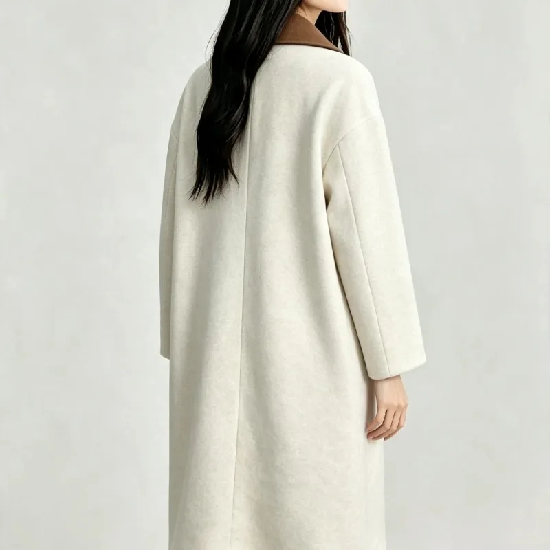 Women Color Block Lapel Long Woolen Coat Elegant Loose Fit Mid Length Contrast Collar Overcoat With Pockets