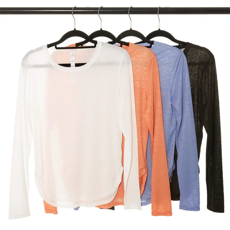 Рубашка для йоги с длинным рукавом, женская плиссированная по бокам, свободный топ для тренировок в тренажерном зале, дышащая быстросохнущая толстовка для бега, женская спортивная одежда