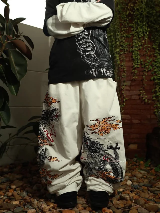 جديد الأبيض الجينز Y2K التنين نمط رجل الأمريكية شارع العليا الرجعية الكورية مستقيم السراويل Harajuku الهيب هوب زوجين السراويل واسعة #1