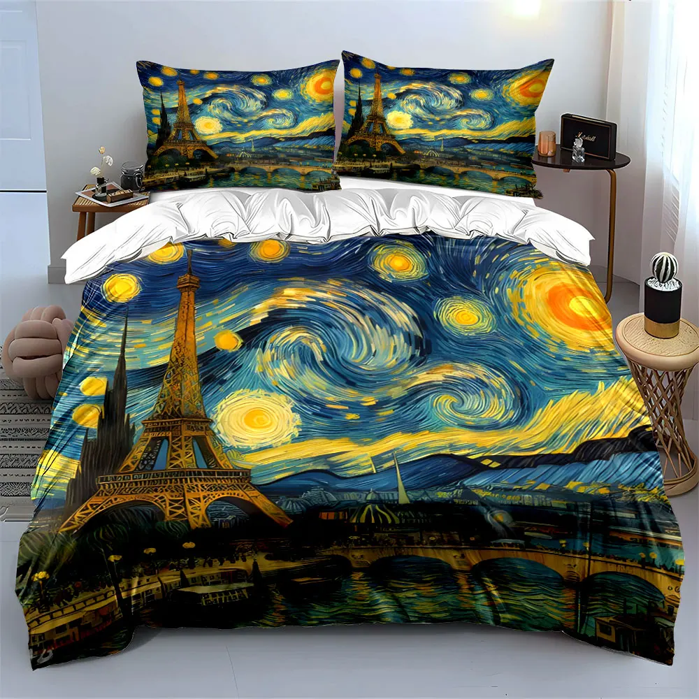 Starry Sky with Eiffel Tower Print Bedding Set 1 Duvet Cover 2 Pillowcases for Adult and Children Luxury Gift Full Size