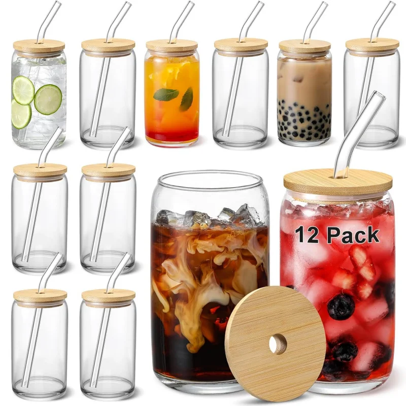 

Fun Beer-Shaped Tumbler Set of 12 - Complete with Bamboo Lids & Straws for Iced Coffee, Boba, and Creative Drink Serving