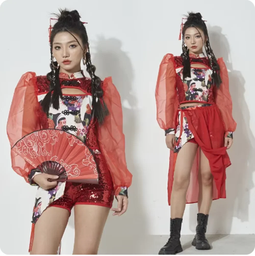 

Костюм для джазовых танцев в китайском стиле, сценический наряд для взрослых в стиле K-pop, женская одежда в стиле хип-хоп, винтажная одежда, красные шорты с пайетками, юбка yj166