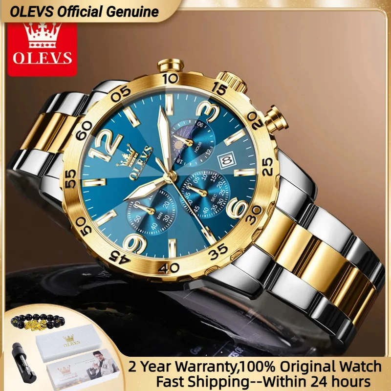 

OLEVS 3678 Men's Watch Multifunctional Chronograph Moon Phase Waterproof Fashion Quartz Male Watches Date Two Color Clock