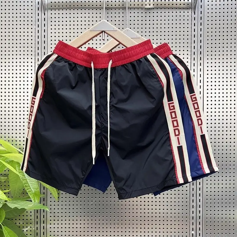 Men Trendy Contrast Color Patchwork Ice Silk Breathable Straight Short Pants Y2K Summer Casual Sports Running Loose Beach Shorts