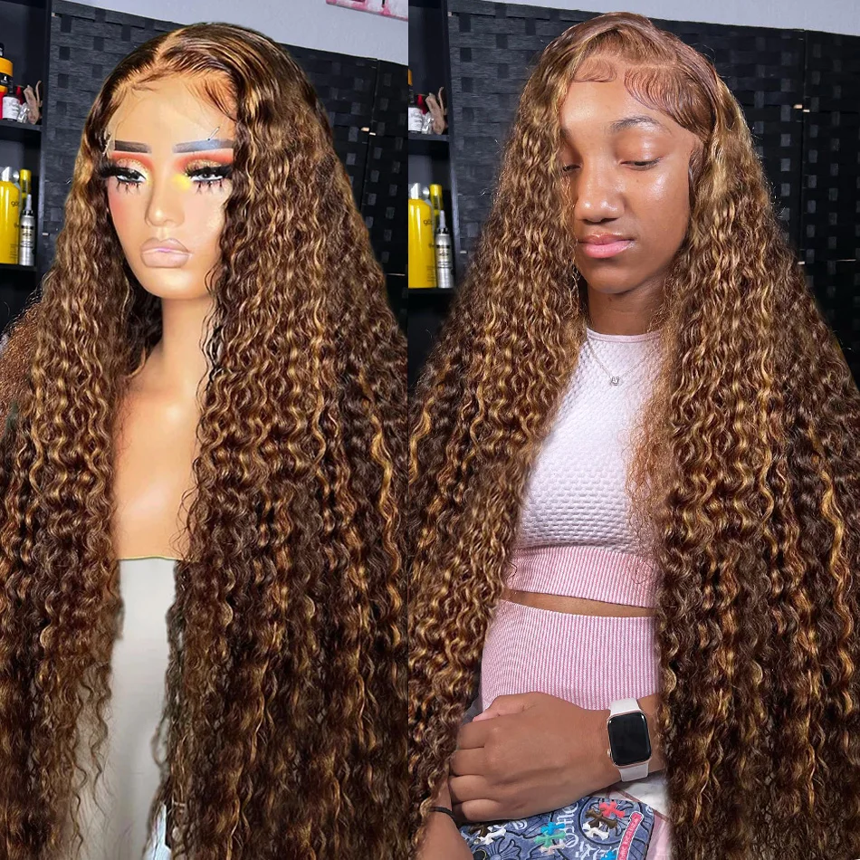 250 Density 30 36 Inch Highlight Honey Brown 13x6 Curly HD Lace Front Human Hair Wigs Color Ombre Deep Water Wave Frontal Wigs