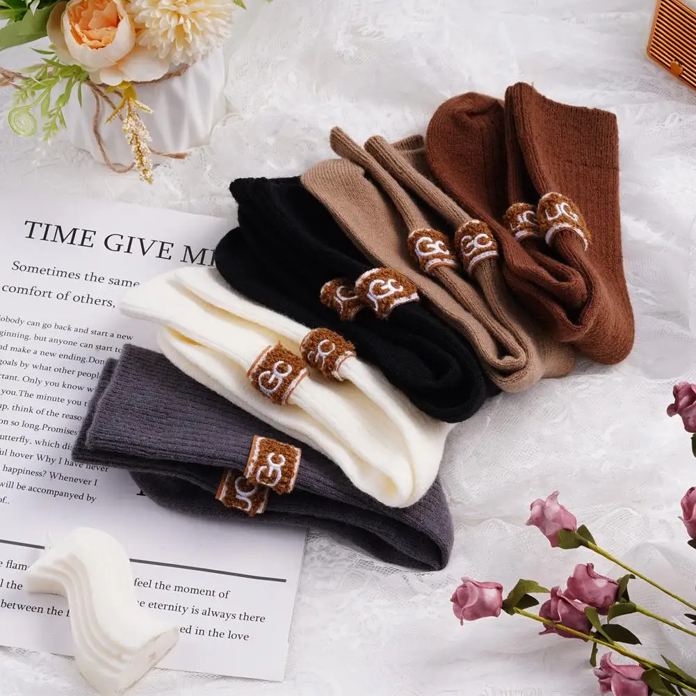 1 Pair Cozy Winter Mid-Calf Cotton Socks With Embroidered Logo - Warm Velvet Thickened Pile, Multicolored - Brown Casual Socks