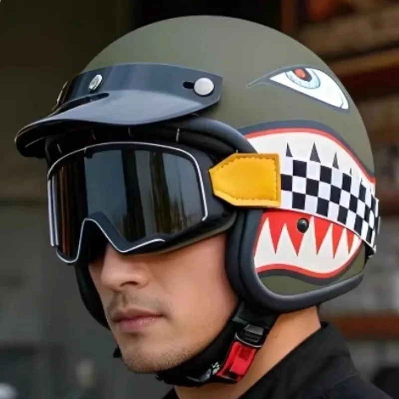 

Retro 3/4 Motorcycle Helmet Dark Green Semi Open Face Helmet ECE DOT Certified Off-Road Motorbike Safety Helmet Accessories