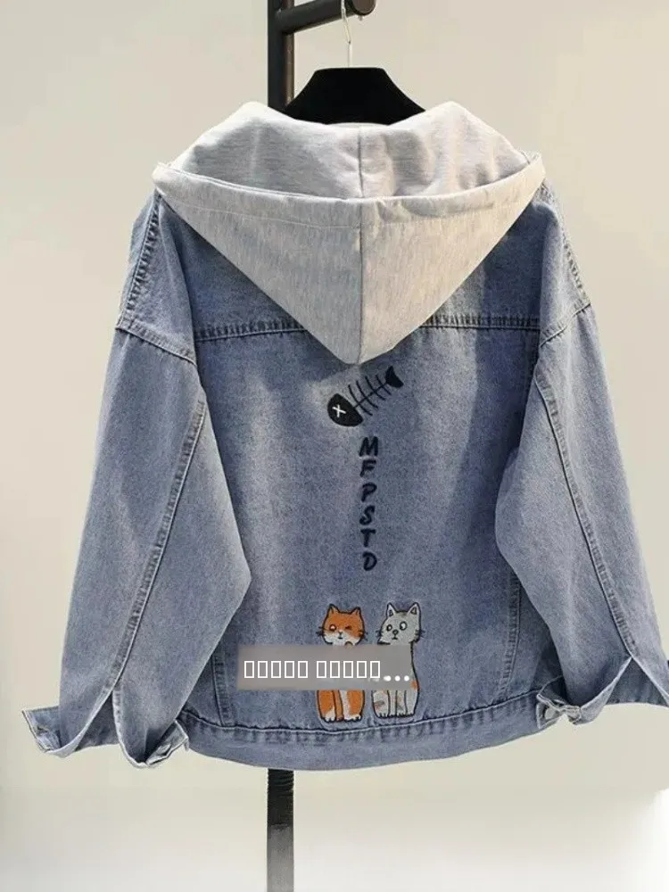 

Women's Embroidered Denim Jaet with Hood Fake Two-Piece Long Sve Regular Fit Commute Sle Spring Season Loose pe