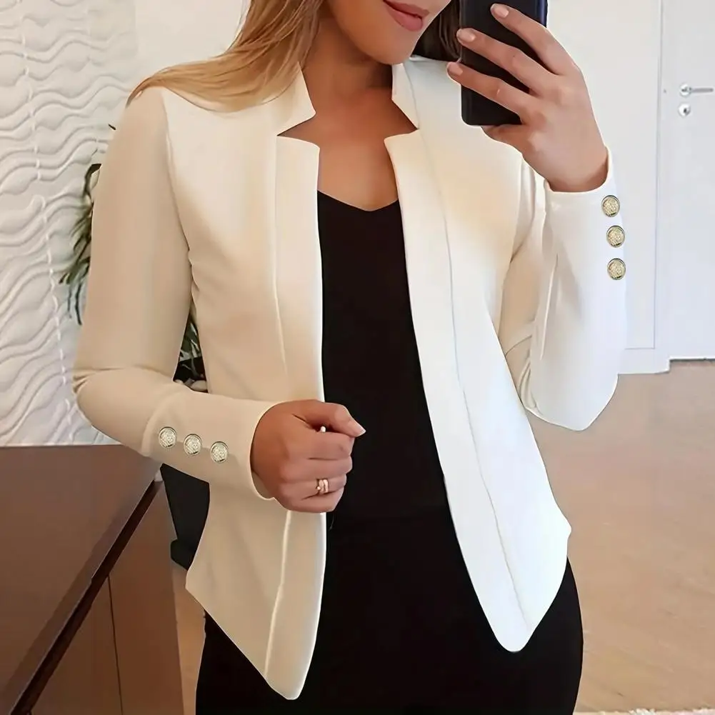 White Women Suit Jacket Open Front Notched Collar Long Sleeve Office Jacket Spring Autumn Slim Fit Suit Coat Business Cardigan