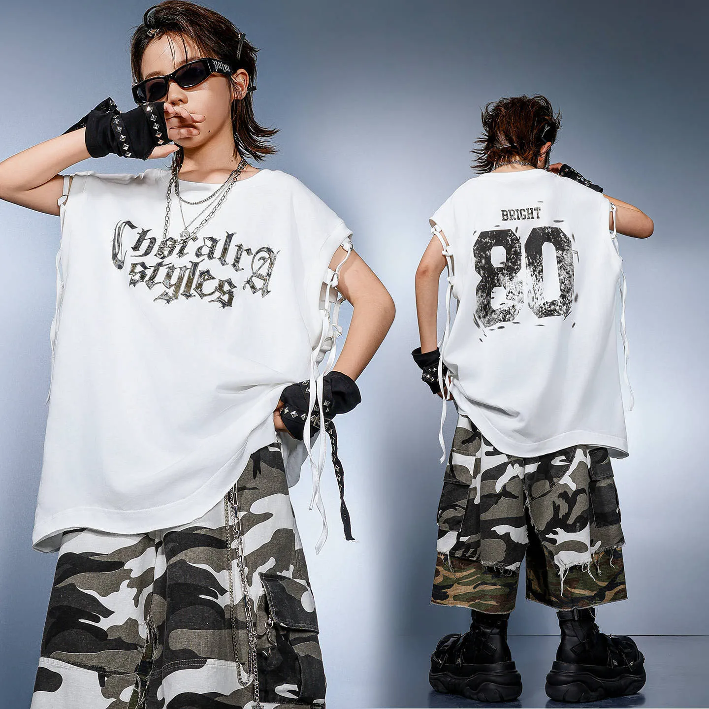 Vêtements Hip Hop Kpop pour enfants, débardeur Long à bretelles blanches, camouflage bloc de couleur, short Cargo, pantalon moyen pour filles et garçons, Costumes de danse