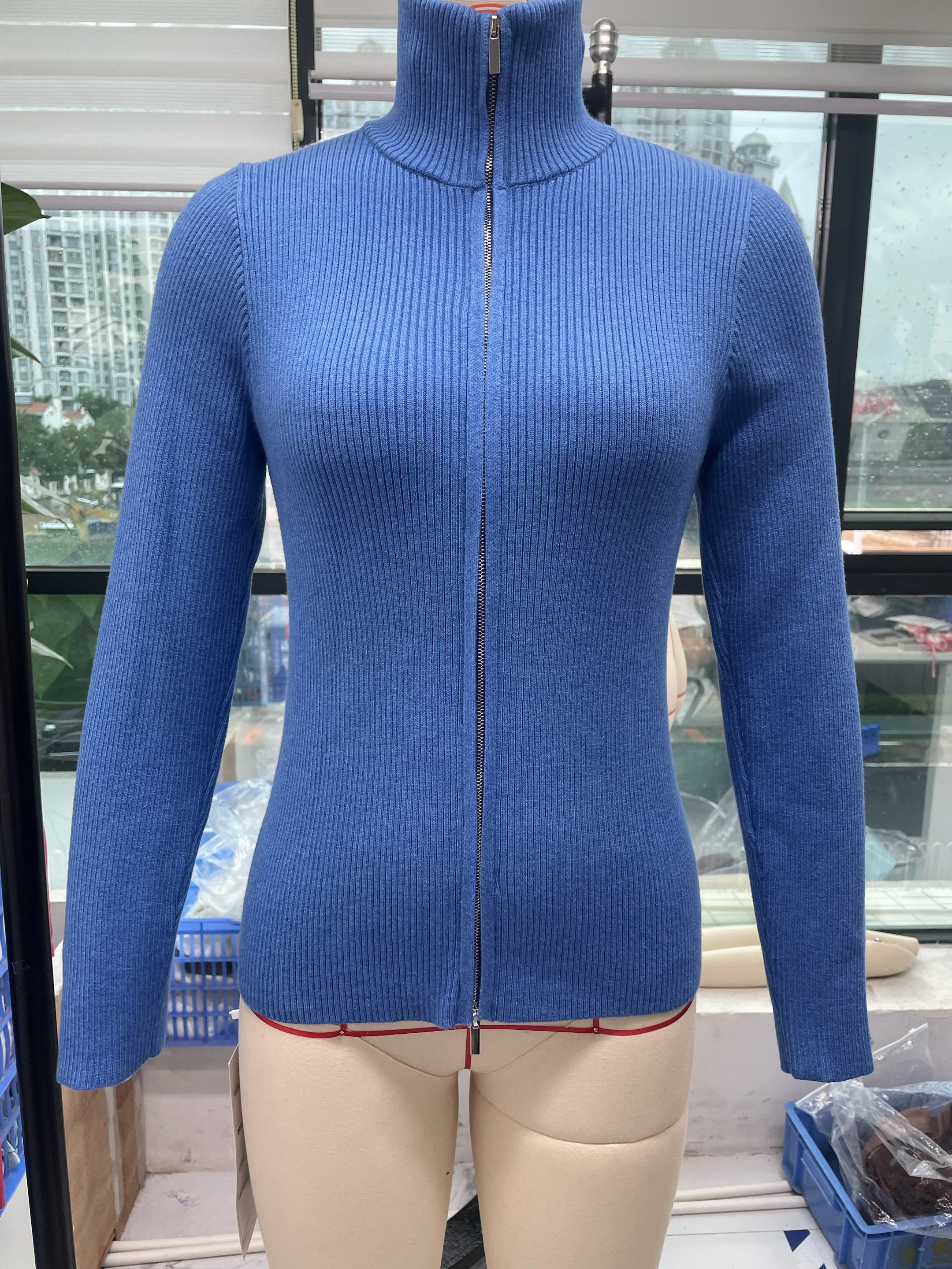 Women\'s Ribbed Knit Slim Fitted Zip Up Sweater 2023 Autumn Winter Solid Color Cardigan Long Sleeve V Neck Jumpers Streetwear