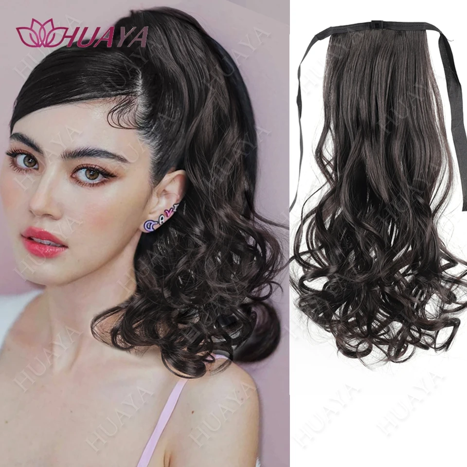 Synthetic 14Inch Ponytail Ribbon Ponytail Extensions Medium Long Curly Ponytail Ladies Black Brown Hair Piece for Women