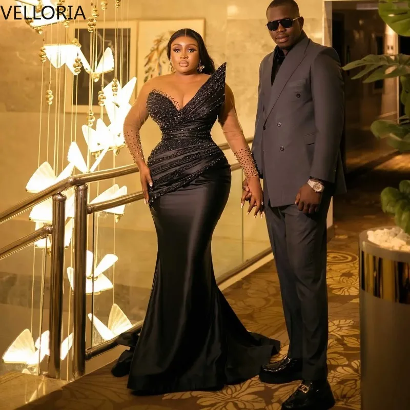 

Черное вечернее платье русалки с глубоким V-образным вырезом, роскошное сетчатое платье с длинными рукавами и бисером, вечернее платье больших размеров, свадебное платье по индивидуальному заказу