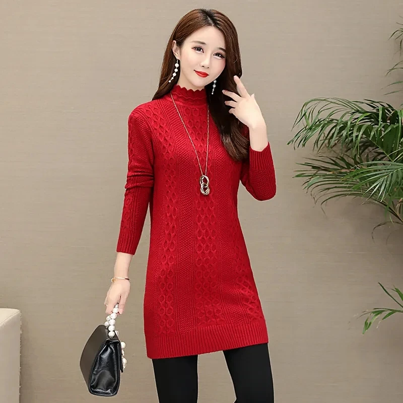 Half-High Collar Sweater Women Pullover 2023 Autumn Winter New Korean Mid-Length Slim Knit Sweaters Dress Pull Jumper Femme Tops