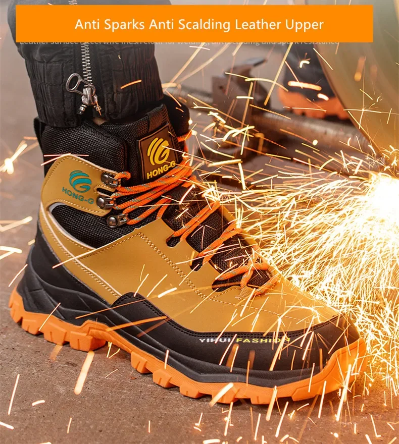 أحذية عمل بمقدمة فولاذية أحذية واقية صناعية للرجال أحذية أمان عالية أحذية عمل جلدية مقاومة للماء ومضادة للانزلاق #5