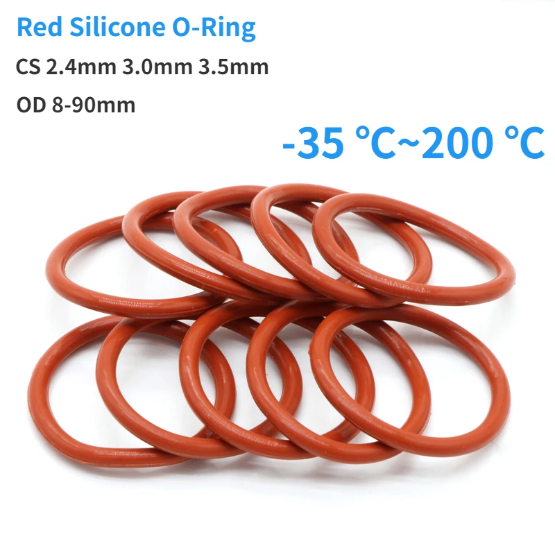 VMQ Red Silicone O-Ring OD 8-90mm Thickness CS 2.4/3.0/3.5mm Food Grade Sealing Ring Waterproof & Insulated Gasket Washer