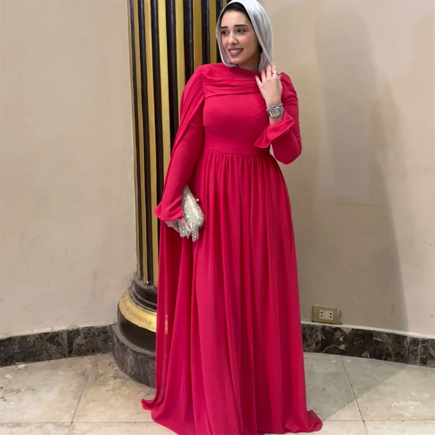 

EDECPBM Evening Dress Women Modest Arabic Dubai Style Red Chiffon Formal Events Party Customized فساتين سهره New Collection