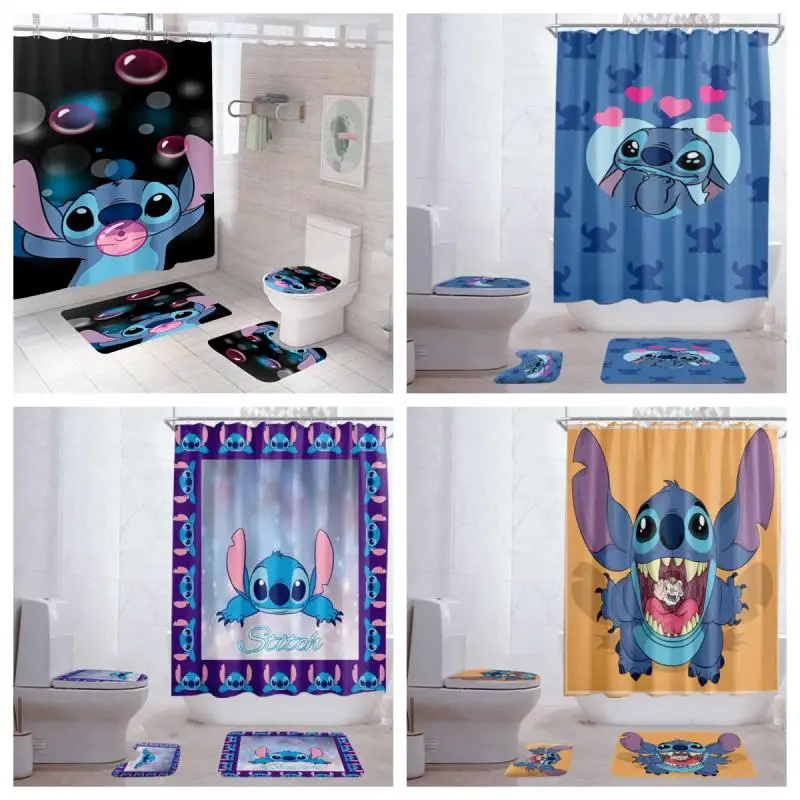 Disney Stitch Shower Curtain Four Piece Set Lilo & Stitch Printing Shower Curtain Carpet U-Shaped Pad Water Proof Wholesale