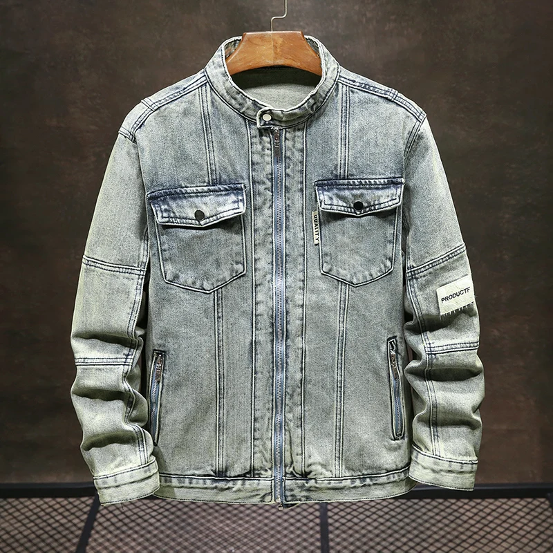 Retro blue high-end retro worn looking washed-out denim clothing for men 2024 fashion street motorcycle slim-fit zipper jacket