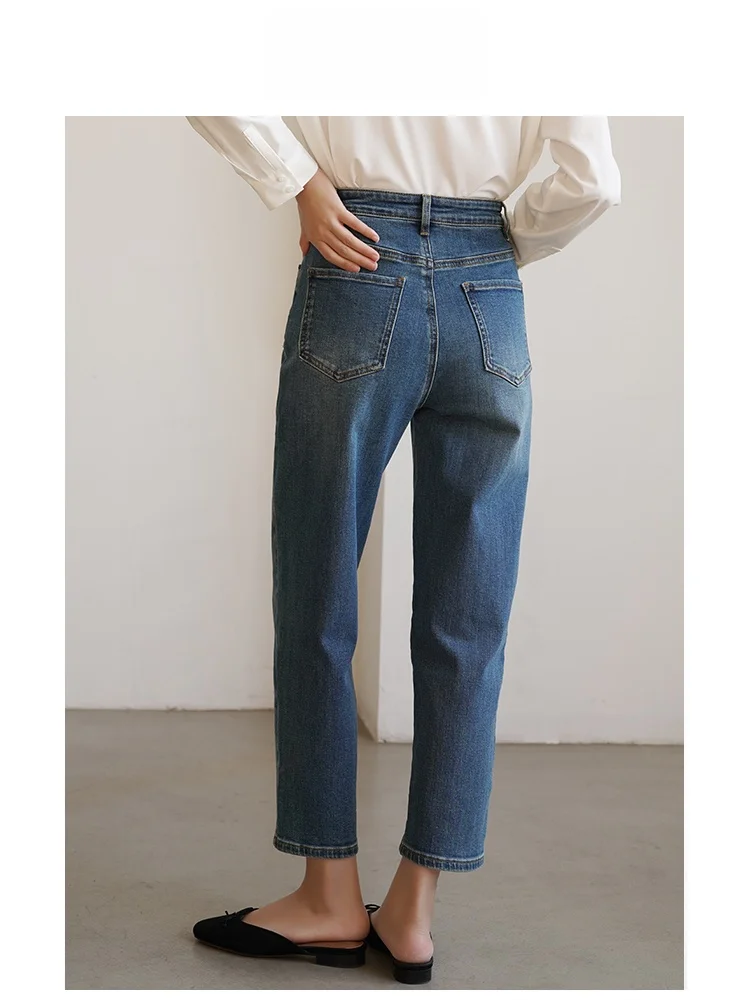 

Джинсы с высокой талией и прямым кроем для женщин с фигурой типа «груша», универсальные, стройнящие, расклешенные, из хлопкового стрейч-денима, темно-синие