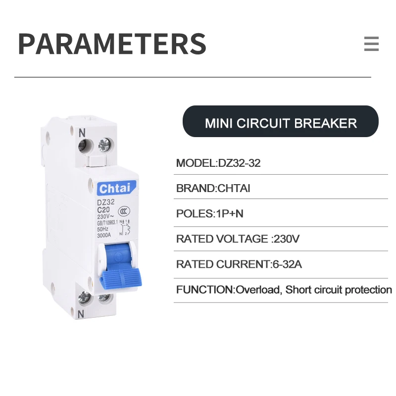 DZ32-32 1P+N C32 DPN 230V AC MCB Din Rail Mounting 6A 10A 16A 20A 25A 32A Household Air Switch OEM Mini Circuit Breaker