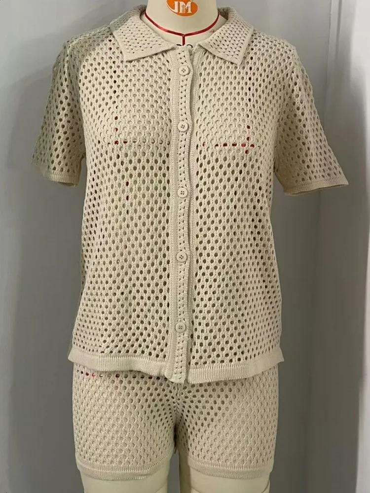 Women's Summer Knited 2 Two Pieces Sets Suit Hollow Out Short Sleeve Single Breasted Tops And Shorts Pants Beach Holiday