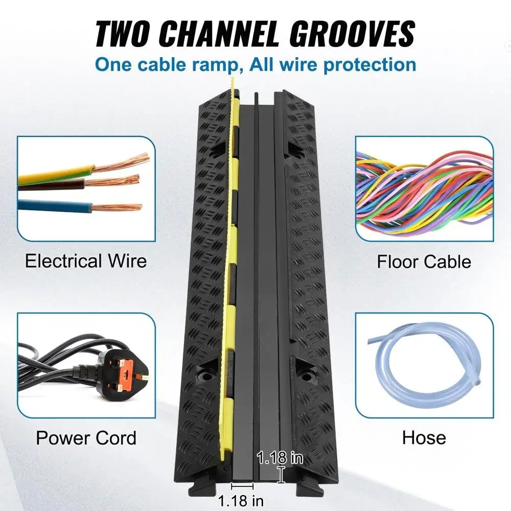 Heavy Duty 3 Pieces Cable Protector Ramp 2 Channel 12000 Lbs Load Wire Cable Cover