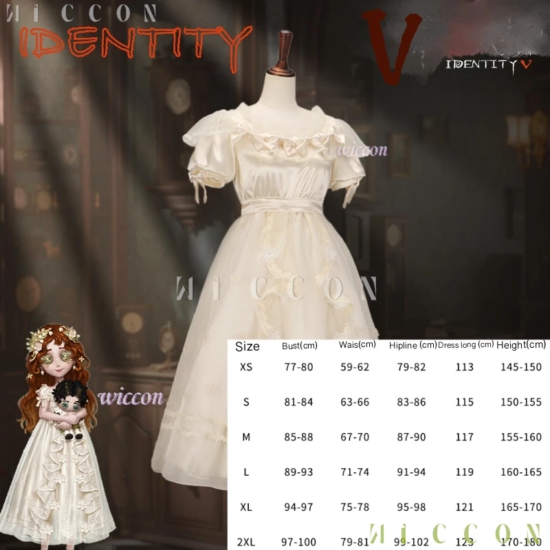 Identity V Game One Character Survivor "Niña" Cinco disfraz de cosplay con juego de vestido pequeño lleno de conjunto con hermoso blanco