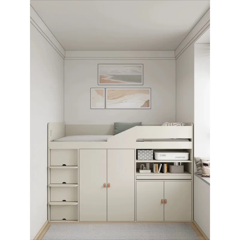 Small apartment with half-height bed on the bed and lower cabinet, children's bed with guardrail, space-saving high-box wardrobe