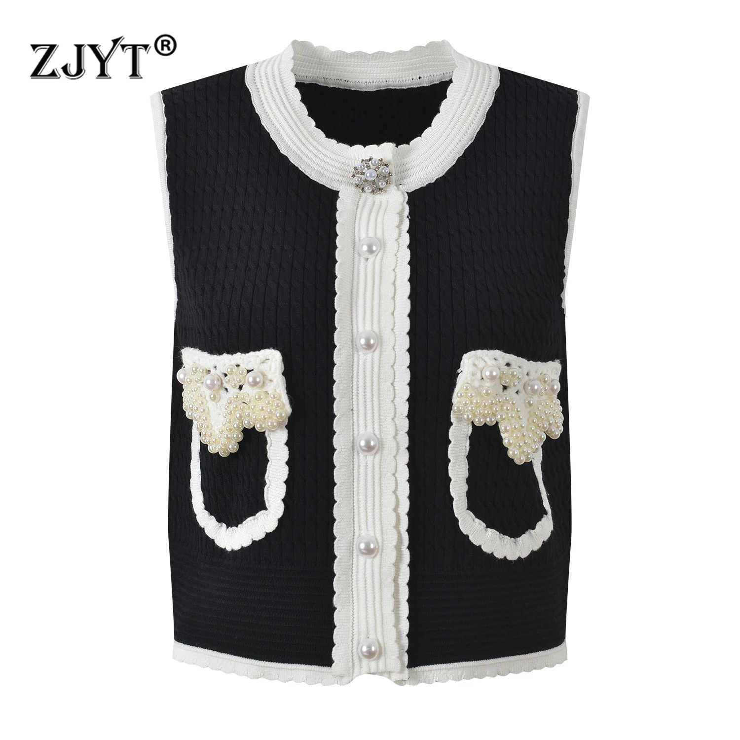

ZJYT Summer Beading Knitted Cardigans Vest Women Sleeveless White Black Knitting Sweater Tops Knitwears Jersey Mujer Casual