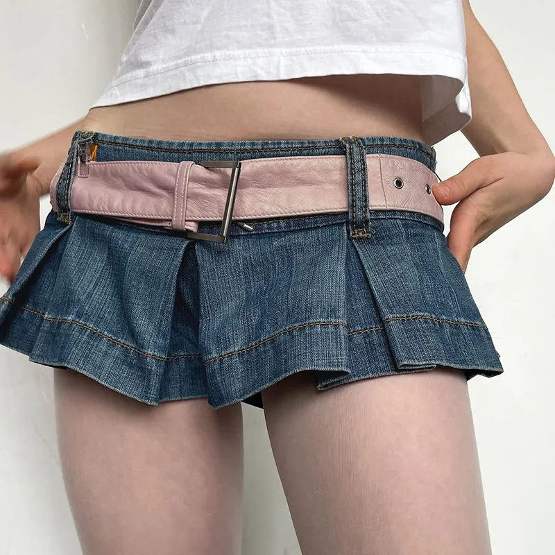 جديد ريترو مثير المرأة الصيف منخفضة الخصر البسيطة مطوي الدنيم السراويل تنورة المألوف الشارع Y2k Harajuku القوطي السراويل