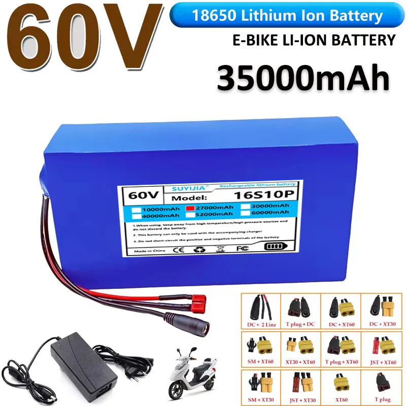 High Power 60v 35Ah 16S10P 18650 500-2500W Lithium Battery Pack for Electric Vehicle Scooter Motorcycle Tricycle 67.2V Charger