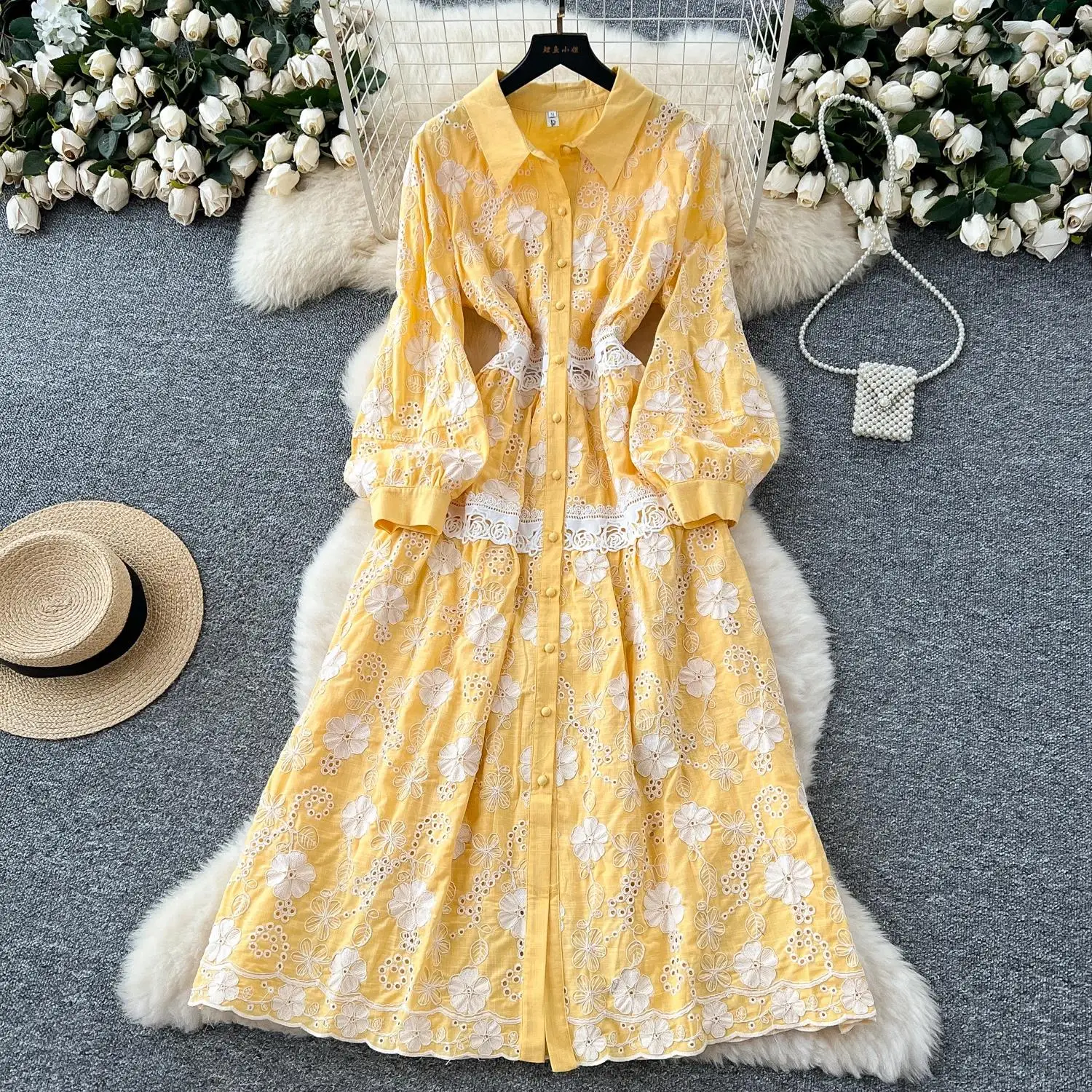 

Elegant Embroidered Lace Collar Single Row Buttons Collared Retro Dress 2025 Women Long Lace Floral Pattern Casual Clothing New