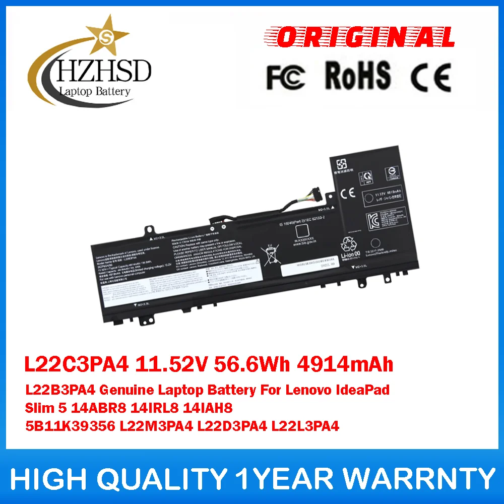 

L22C3PA4 11,52 В 56,6 Втч 4914 мАч L22B3PA4 Оригинальный аккумулятор для ноутбука Lenovo IdeaPad Slim 5 14ABR8 14IRL8 14IAH8 5B11K39356