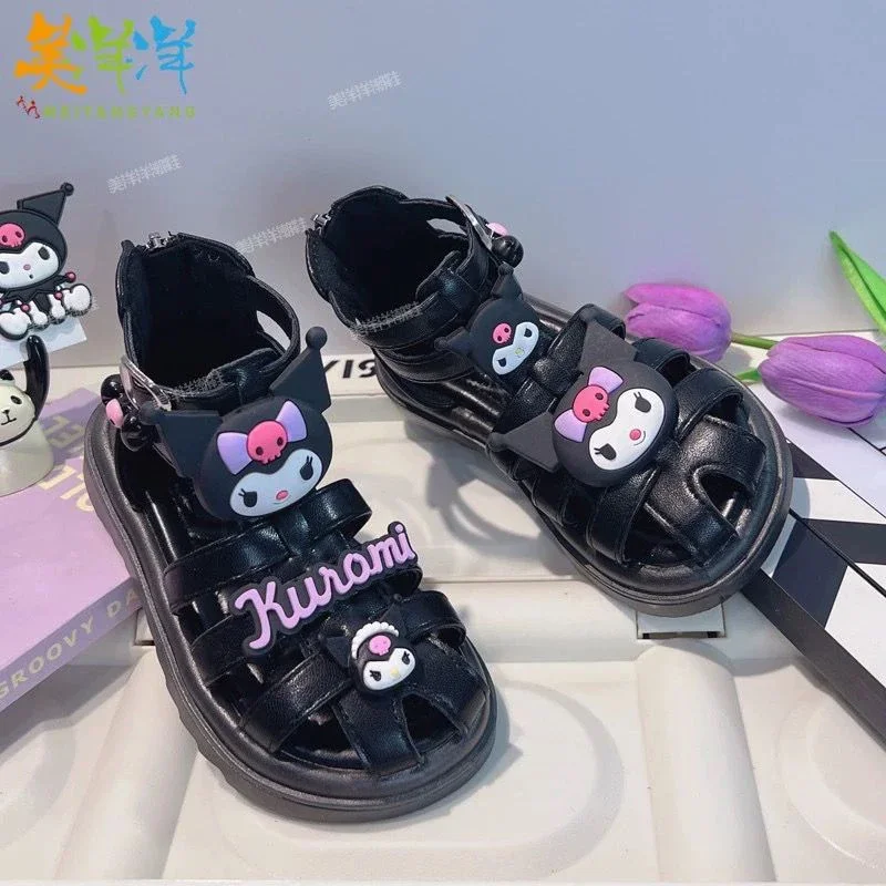 2024 Cute Kuromi Sandal Girls Sanrio Kawaii Anime Black Braided Bun Head Single Shoes Summer Sweet Cute Babys Shoes Gift for Kid