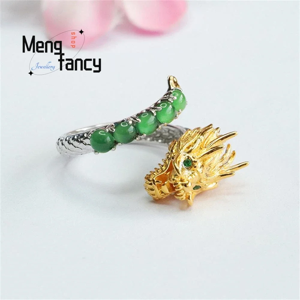 S925 Silver Lnlaid Natural Jadeite Exquisite Elegant High-grade Ice Seed Full Green Zodiac Dragon Ring Couple Fashion Jewelry