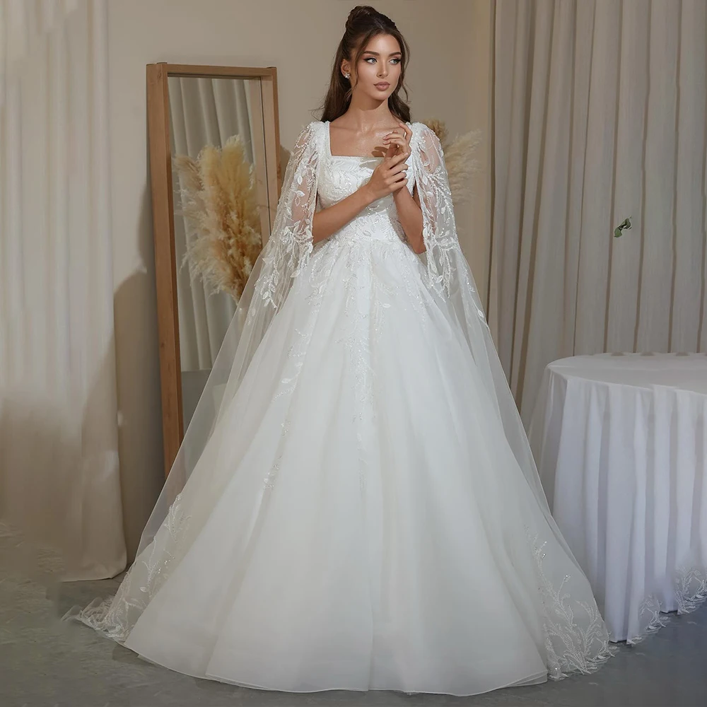 

Fairy Wedding Dresses Square Collar Long Floating Sleeve Brides Dress with Appliques Sequined Organza Bridal Gown Customized