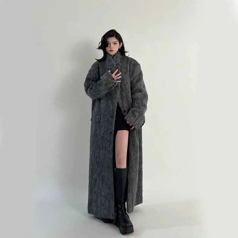 Autumn Korean Women Faux Woolen Coats Y2K Fashion Winter Solid Thicken Long Jacket Female Loose All Match Fluffy Blends Outwear