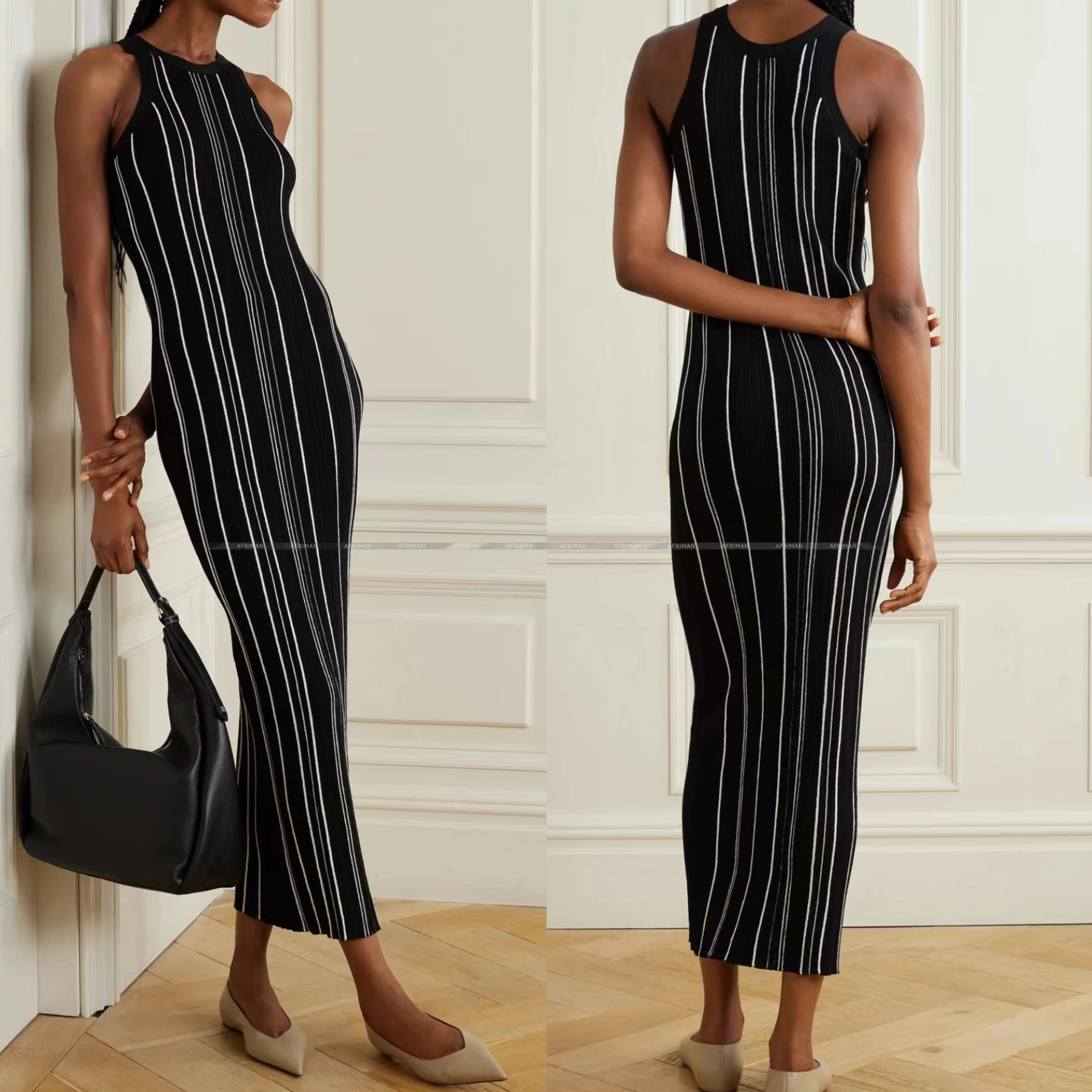 

Women Braided Trim Cable Knit Round Neck Sleeveless Striped Slim Long Step Dress