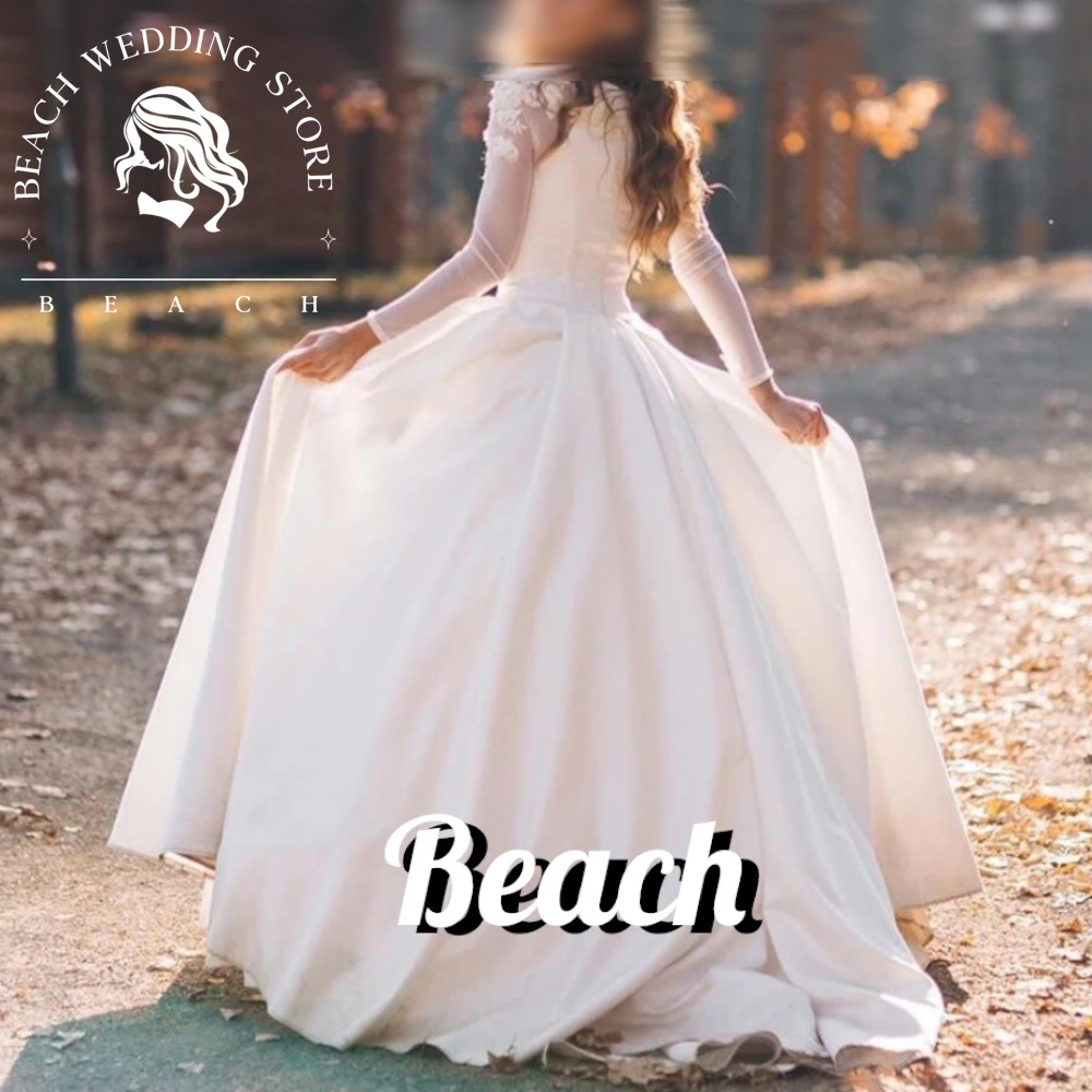 Vestido de novia personalizado para playa, corte en A, cuello redondo, Apliques de encaje, manga larga, largo hasta el suelo, cola de barrido,