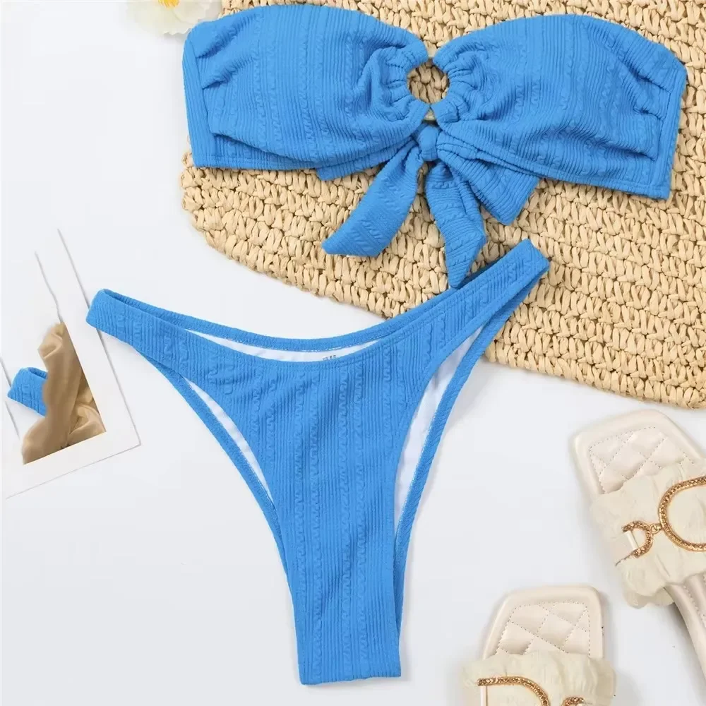 

Blue Texture Bandeau Bikinis Sets Sexy Swimsuit Women Strapless Back Knotted Swimwear High Cut Bathing Suit Bikini 2025 Mujer